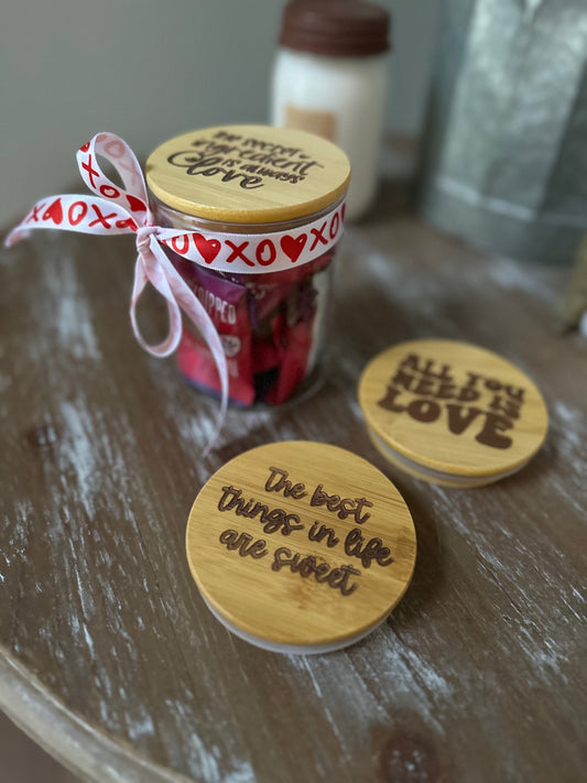 Glass Candy Jar - Engraved Wood Tops